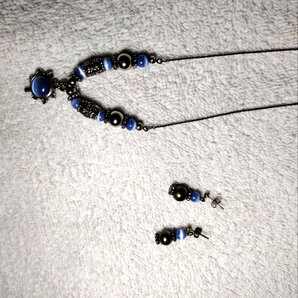 Blue Agate, Multi Gemstone Silver tone Necklace (15") & Earrings - Picture 2 of 3